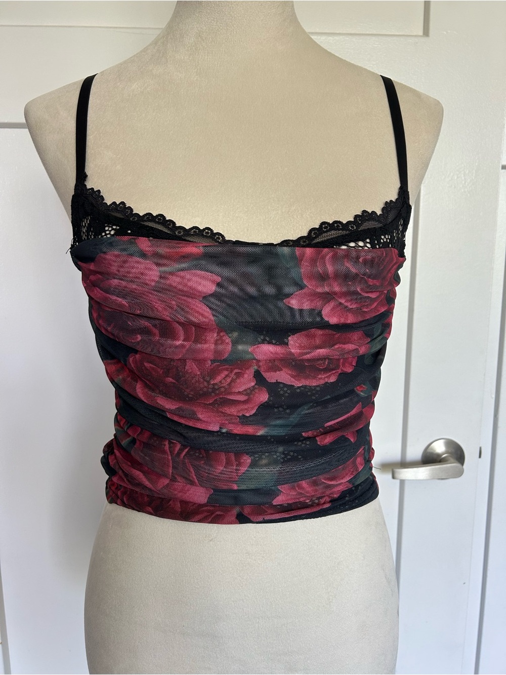 Black and Dark Red Mesh Rose Ruched Cami with Lace Trim